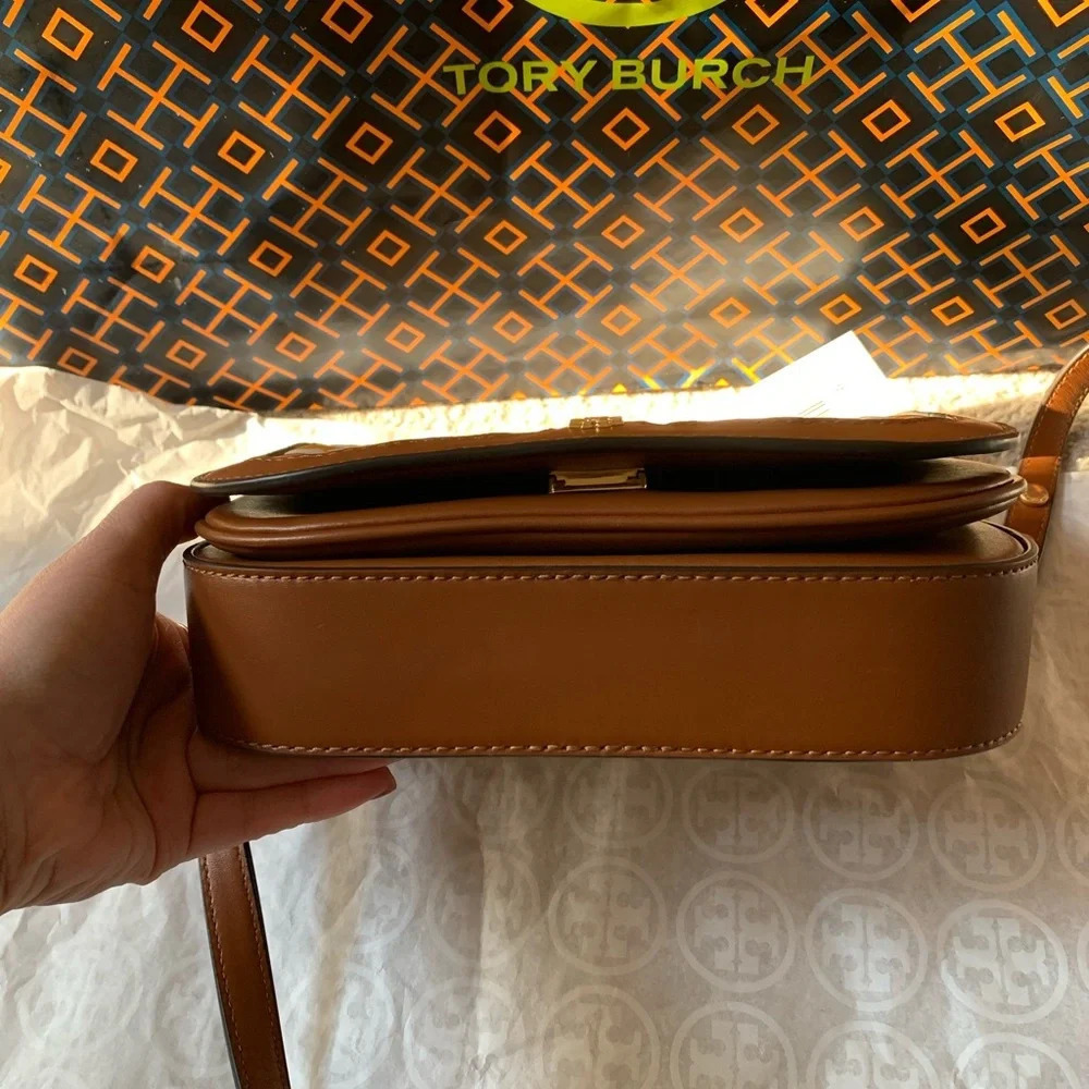 Tory Burch Emerson Woven Crossbody Bag Multicolor Orange White Tan Brown Gold - Picture 6 of 15